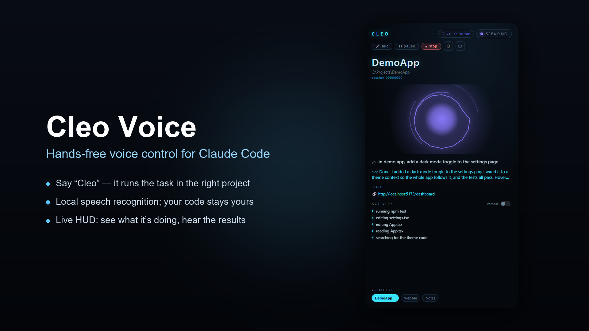 Cleo &mdash; a voice front-end for Claude Code